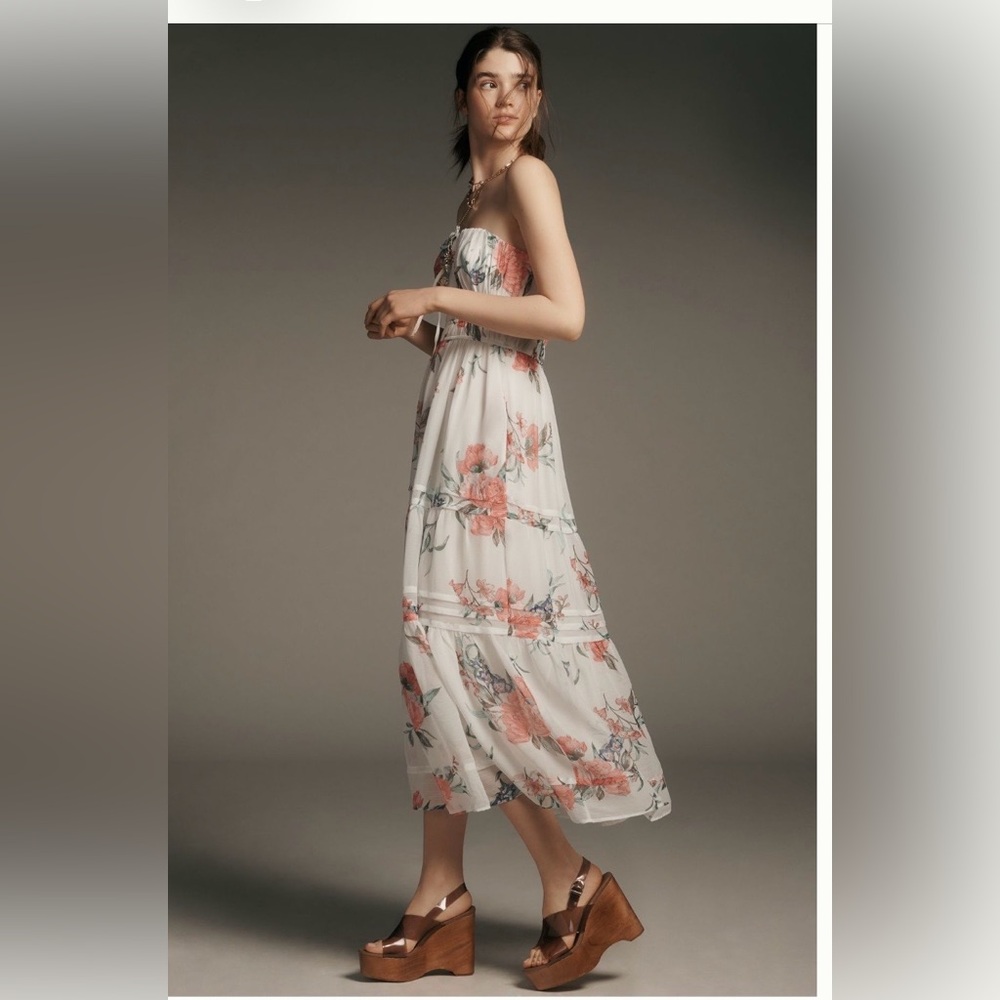 Anthropologie Somerset Strapless Chiffon Floral Dress - White and Pink